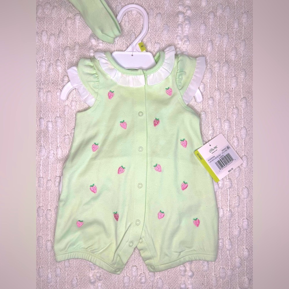 Mint Green Baby Romper with Pink Strawberry Embroidery